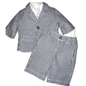 Hooray by Cynthia Rowell Blue White Seersucker Baby Boys 3 Piece Suit 0-3 Months